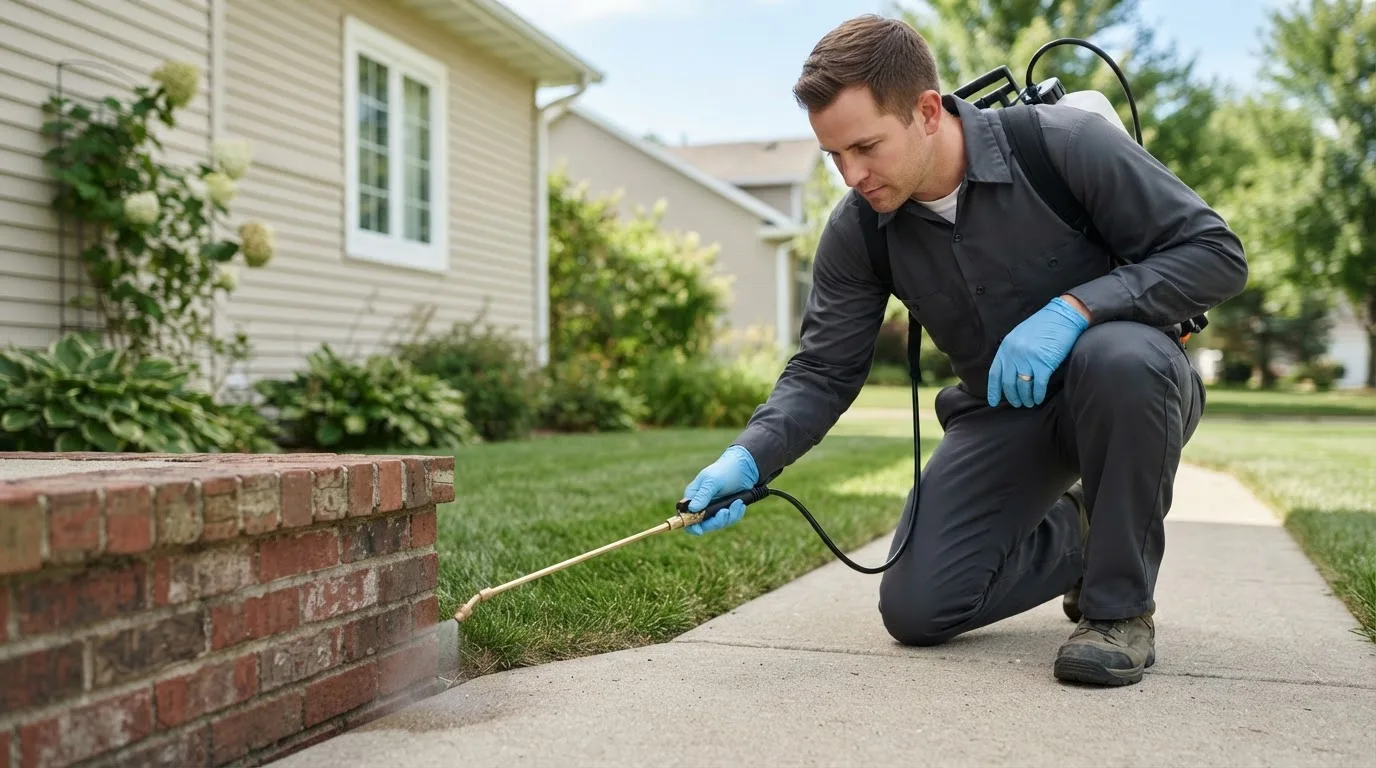 Pest control technician treating a home near Wiscasset, ME