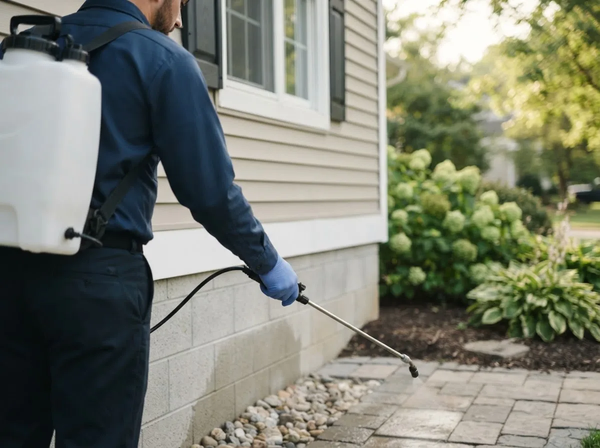 Pest control technician inspecting a home in Wiscasset, ME